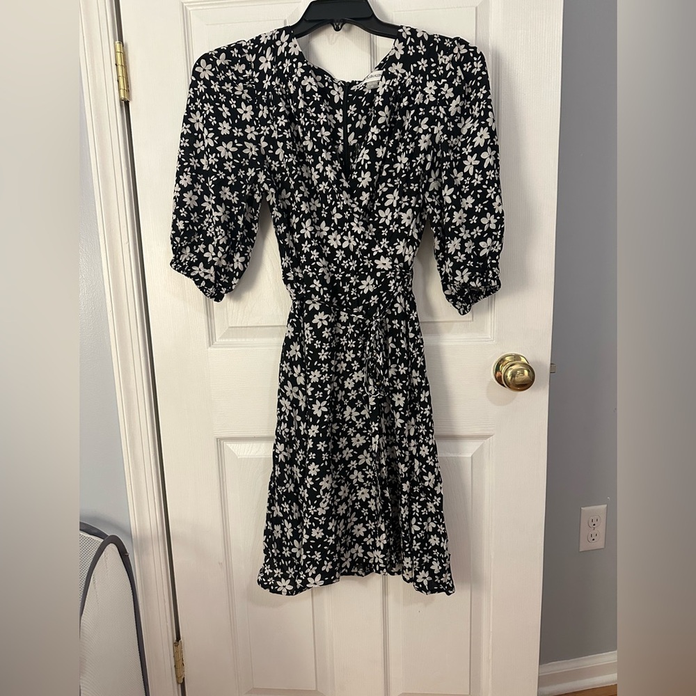 Calvin Klein Black and White (ecru) Puff Sleeve Faux Wrap Dress - Size 10